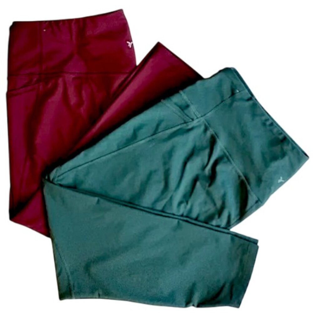 2 PAIR Powersoft High Rise Go-Dry Cropped Leggings 3X Wine Sage Pockets